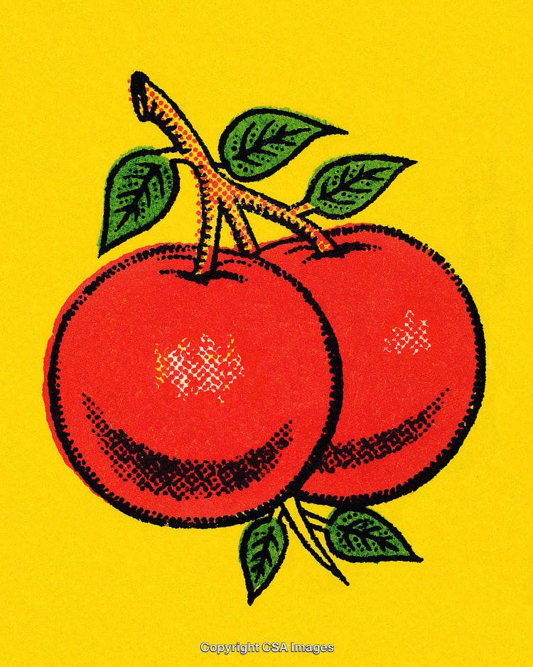 Retro Illustration of Two Ripe Red Apples on Yellow Background