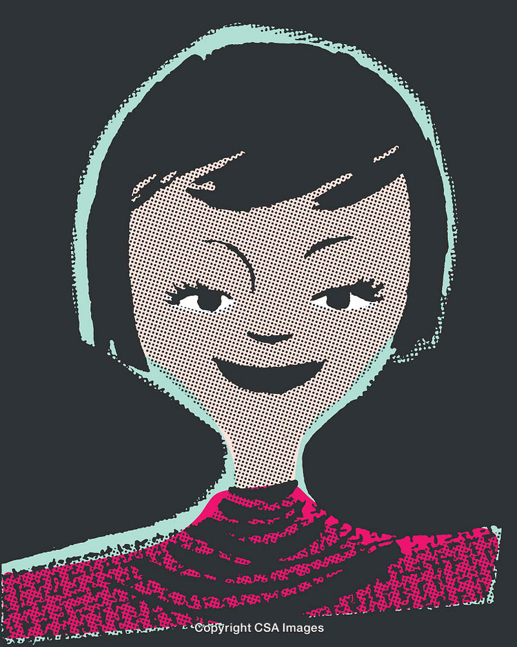 Retro-Inspired Line Art Portrait of Smiling Woman in Pop Art Style
