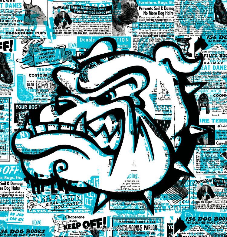 Artistic Bulldog Illustration with Retro Typography and Bold Graphic Overlays