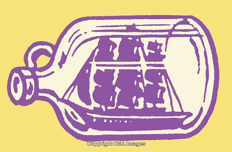 Purple Ship in a Bottle Illustration on Yellow Background