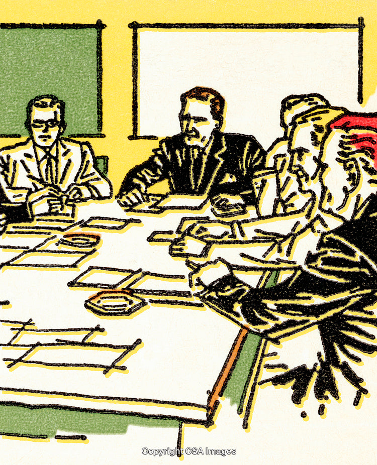 Illustration of a Business Meeting with Participants Discussing Plans Around a Table