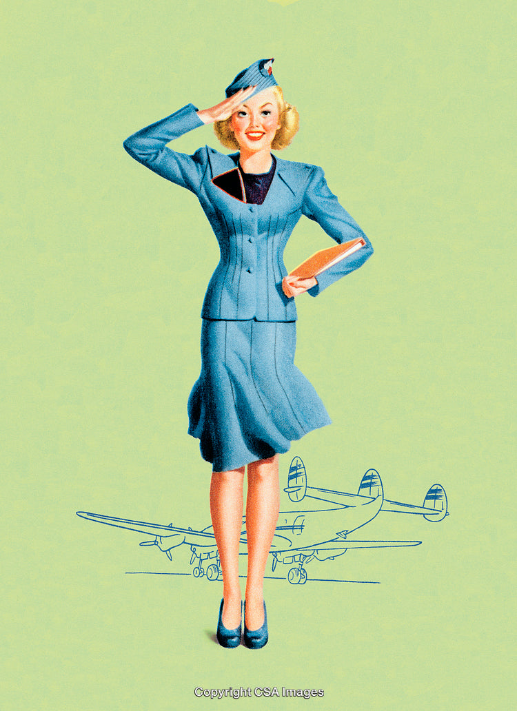 Vintage Illustration of Air Hostess Saluting With Airplanes in Background
