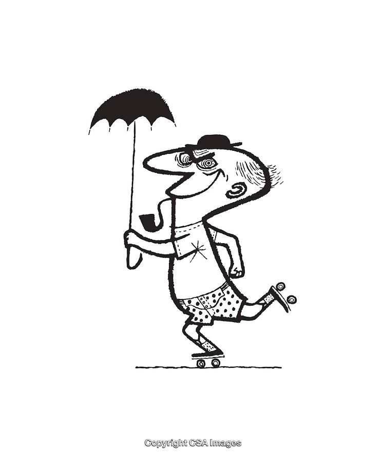 Whimsical Black and White Illustration of Man on Roller Skates