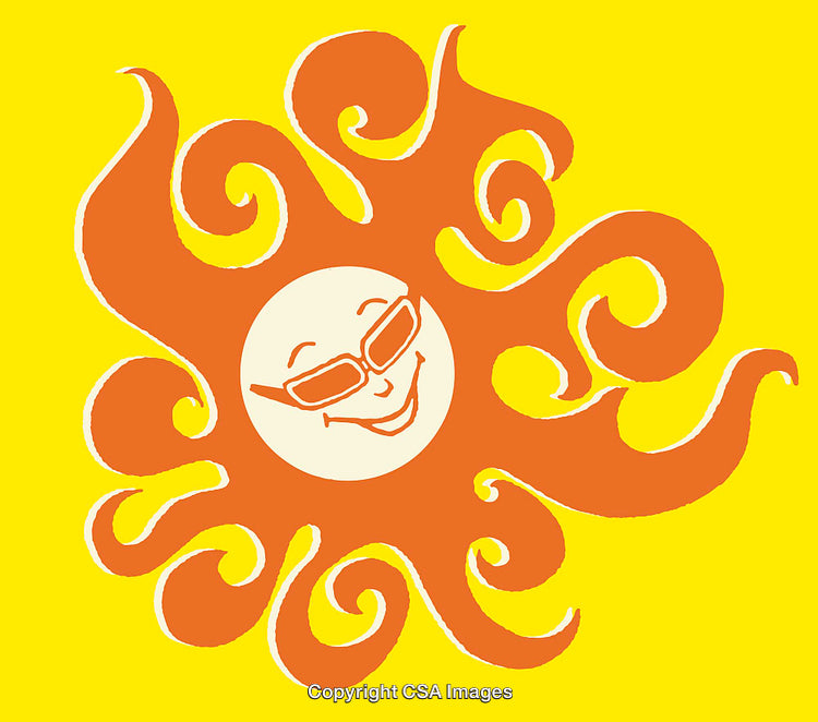 Smiling Sun Cartoon Illustration with Sunglasses on Bright Yellow Background