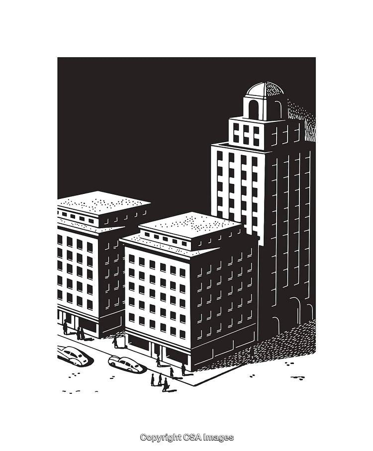 Black and White Line Art Illustration of an Urban Street with Buildings