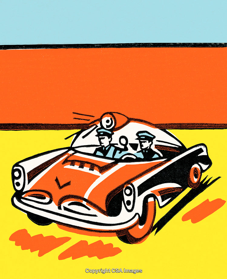 Vintage Police Car Illustration with Officers in Pop Art Style