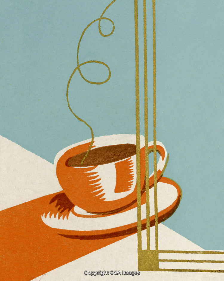 Artistic Illustration of a Coffee Cup on a Table With Abstract Design