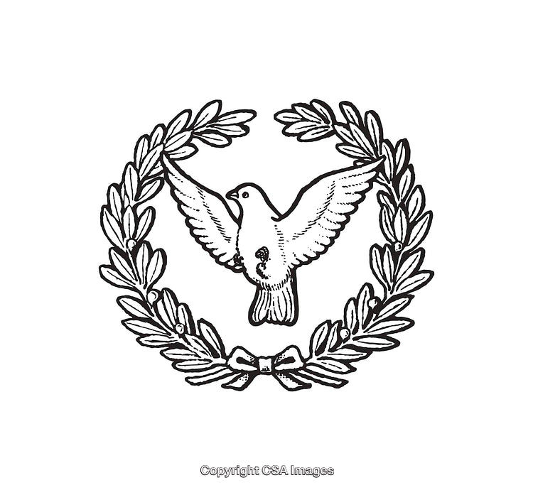 Hand-Drawn Dove and Laurel Wreath Emblem in Black and White