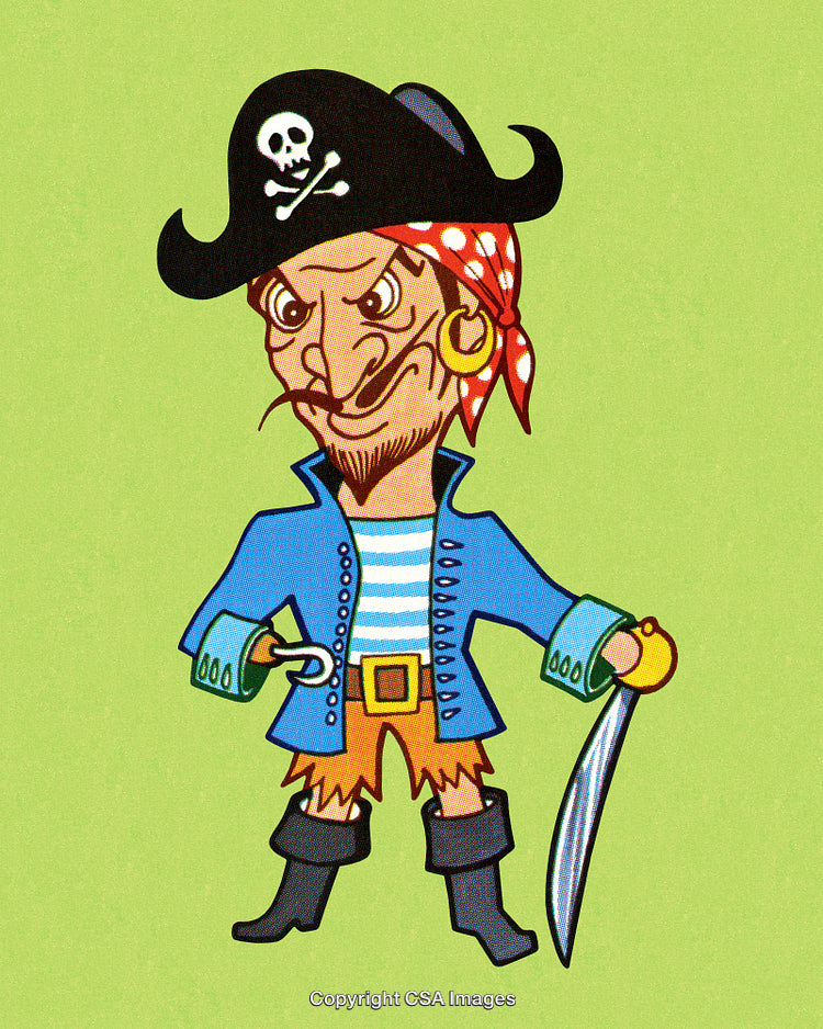 Cartoon Pirate Character With Hat and Sword on Green Background