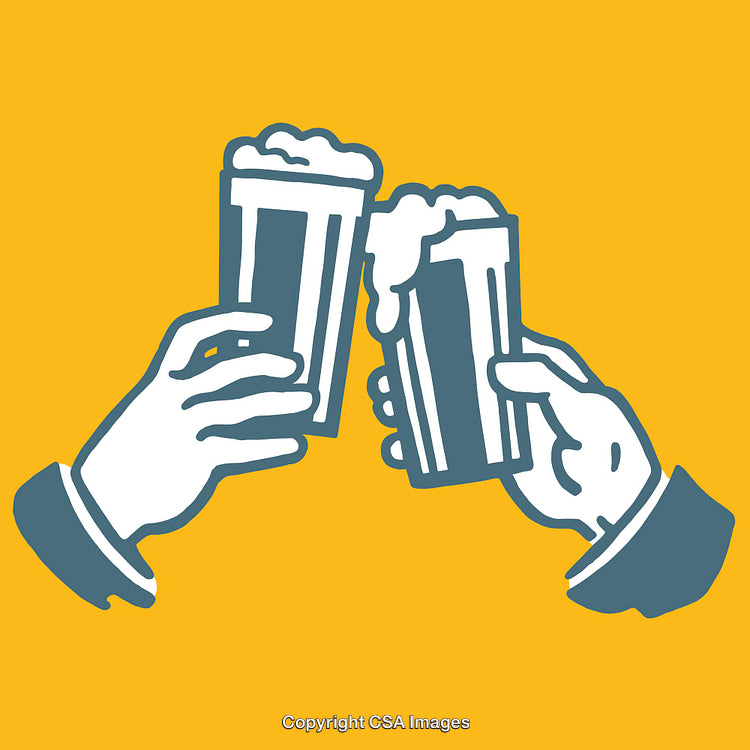 Illustration of Hands Clinking Beer Glasses in Celebration on Yellow Background