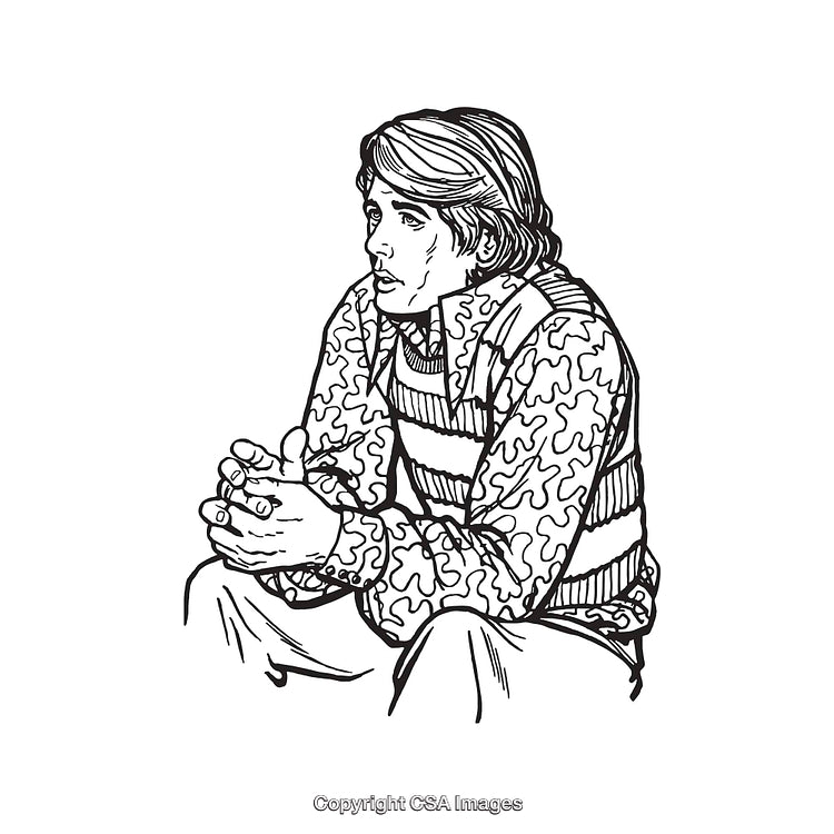 Black and White Line Art of a Pensive Seated Individual