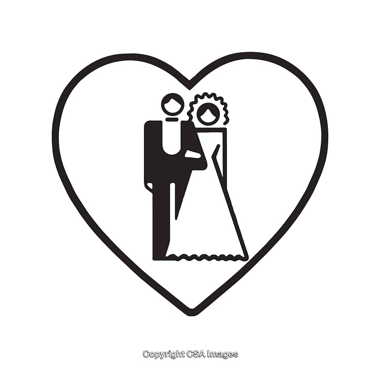 Black And White Wedding Icon with Heart and Couple Silhouettes