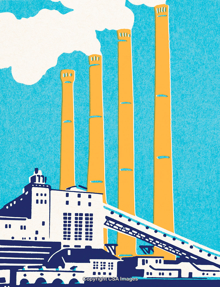 Colorful Illustration of a Factory With Tall Chimneys Against Sky