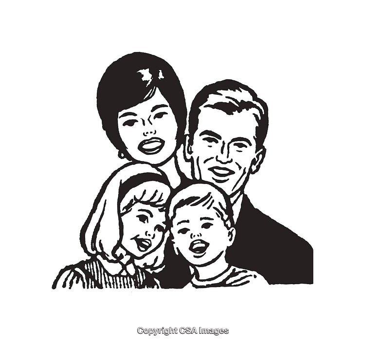 Black and White Illustration of a Happy Family with Two Children