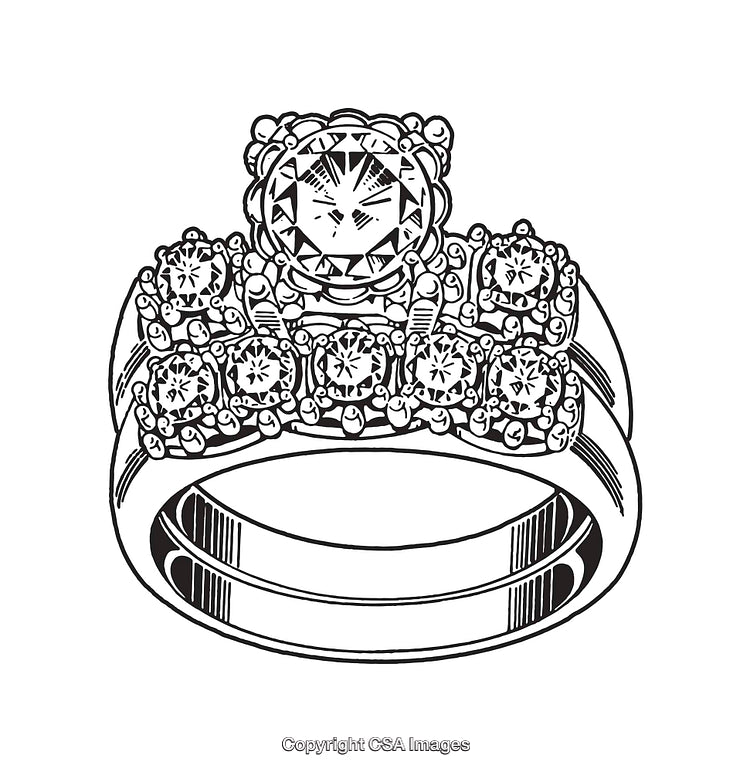 Detailed Black and White Line Art of an Elegant Diamond Ring