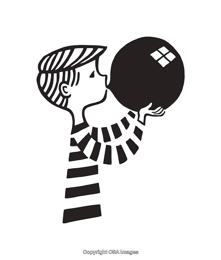 Black and White Illustration of a Boy Inflating a Round Object