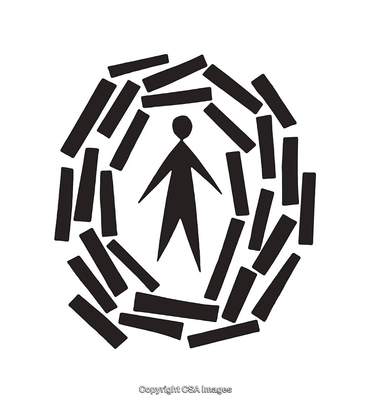 Abstract Black and White Artwork Featuring a Figure Surrounded by Sticks