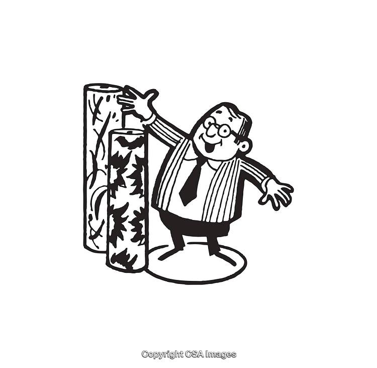 Smiling Businessman Presenting Colourful Fabric Rolls Line Art Illustration