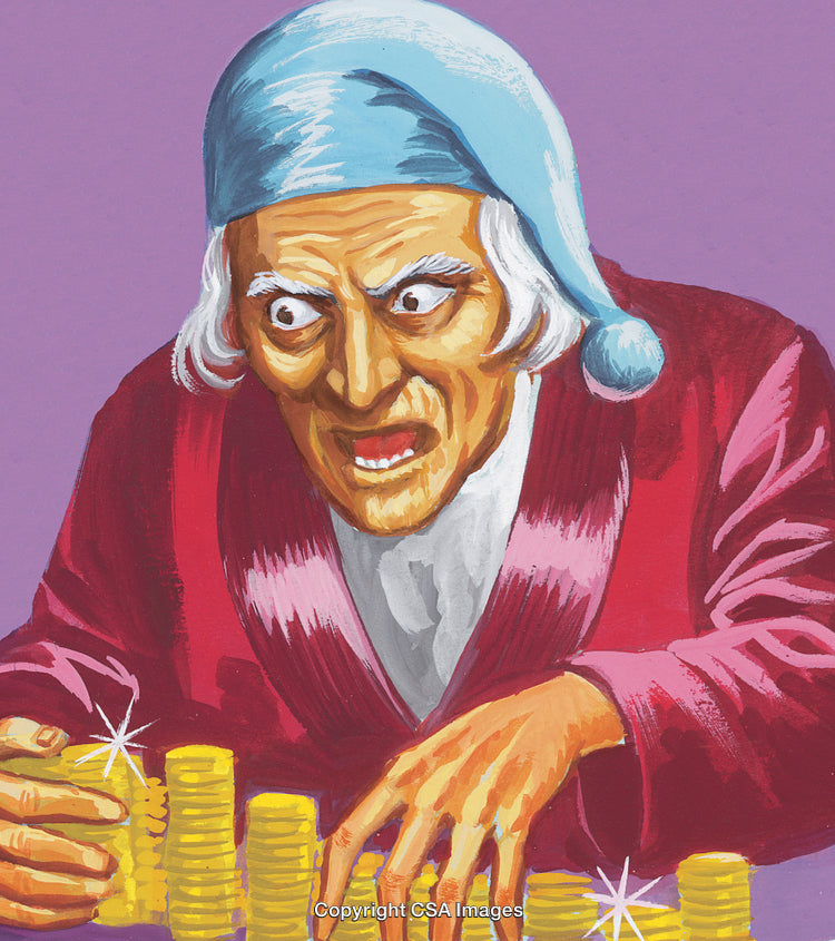 Illustration Of A Wealthy Man Counting Gold Coins with Intense Expression