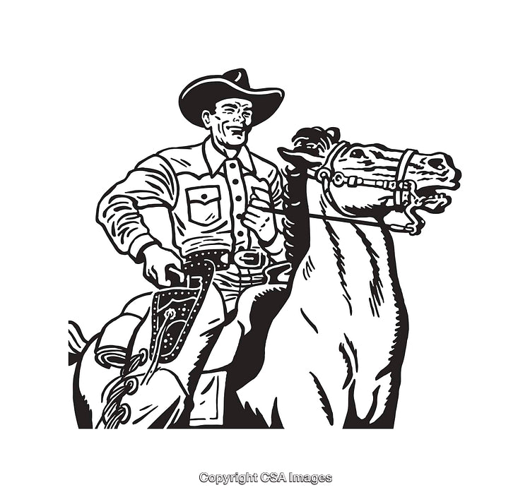 Vintage Black and White Line Art Illustration of a Cowboy Riding a Horse