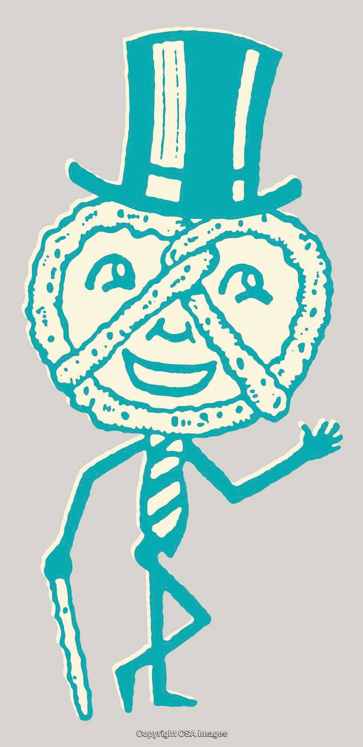 Illustration of a Whimsical Pretzel Character with Top Hat and Cane
