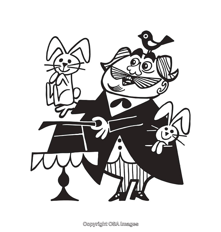Magician Performing Tricks With Rabbits and Bird in Black And White Illustration
