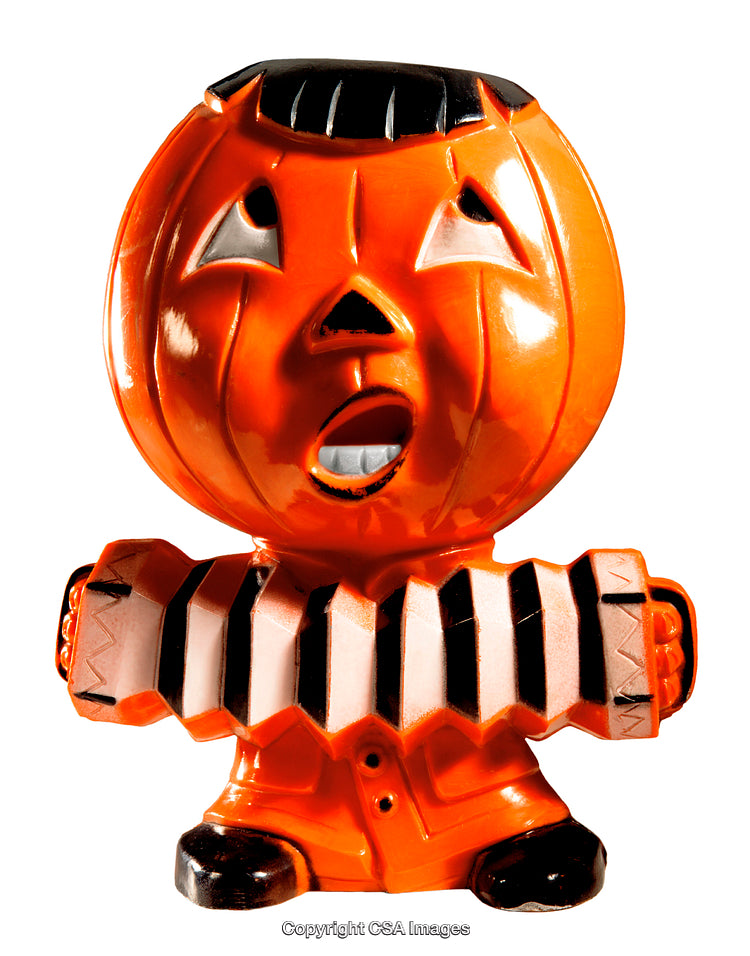 Orange Pumpkin Figurine with Accordion in Fun and Quirky Style