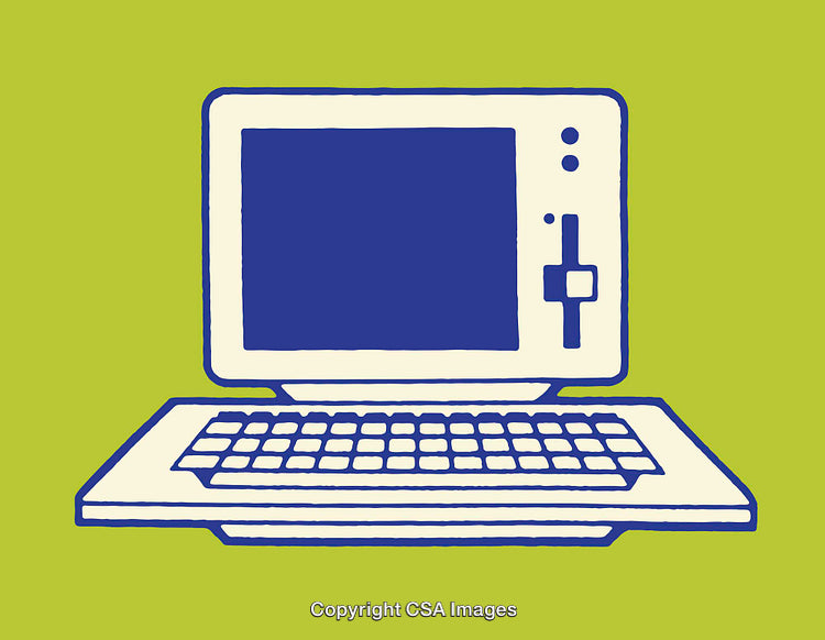 Retro Computer Line Art Illustration with Vibrant Colors on Green Background