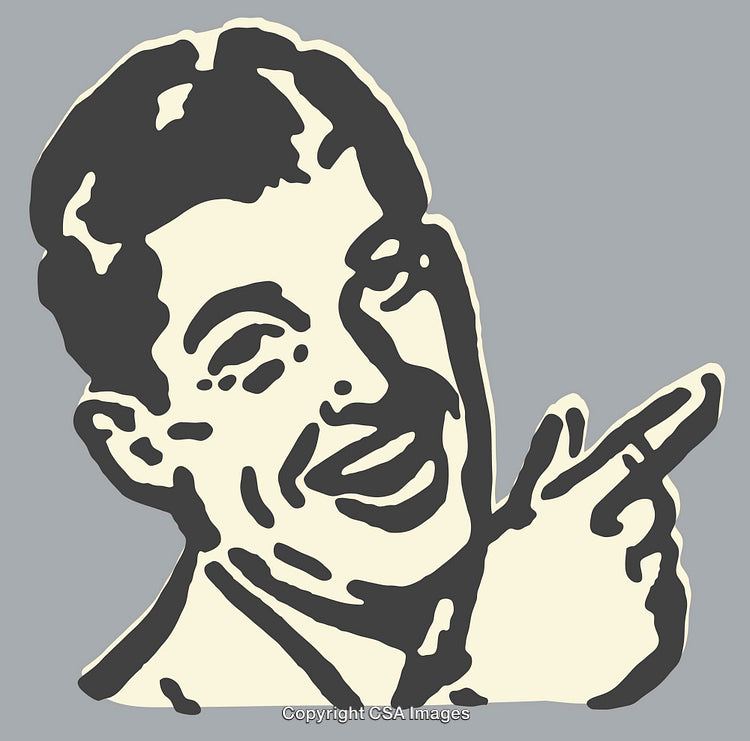 Retro Style Smiling Man Illustration with Playful Gesture on Gray Background