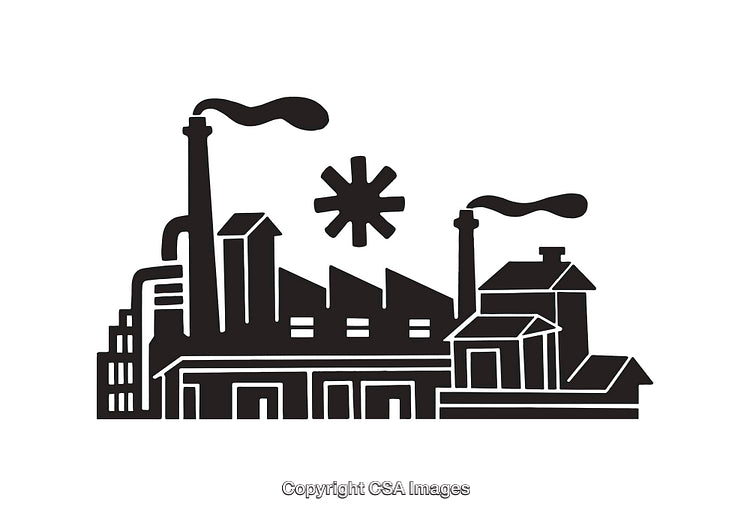 Black and White Line Art Illustration of an Industrial Factory Complex