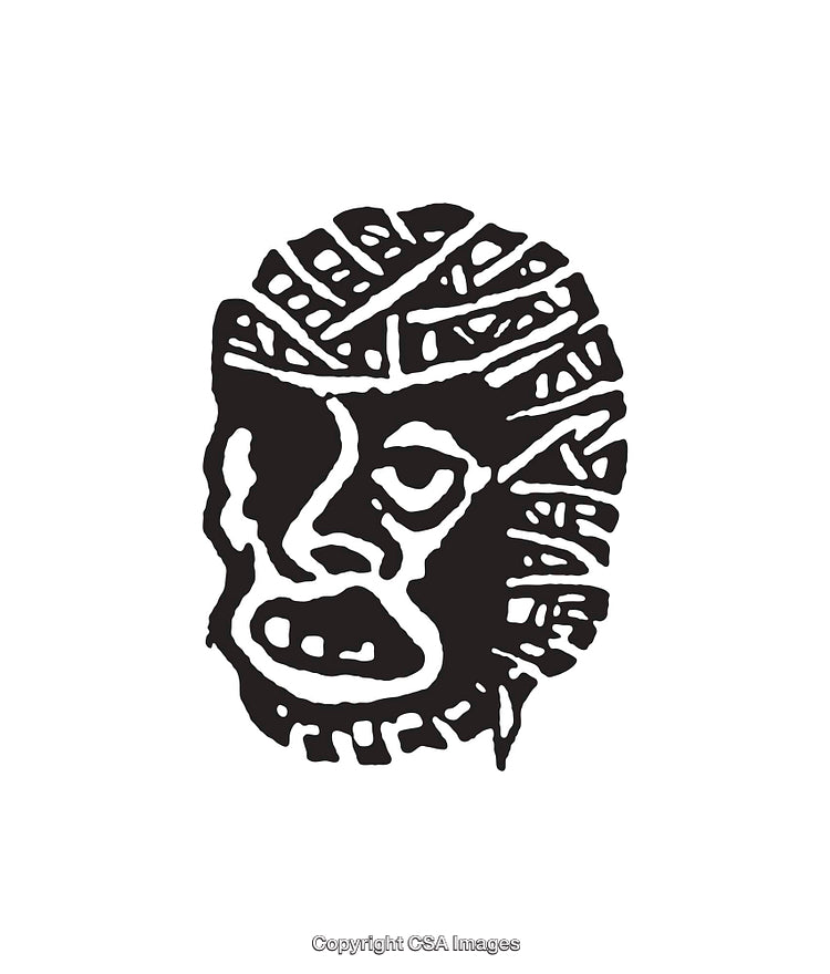 Hand-Drawn Black and White Abstract Face Illustration with Tribal Patterns