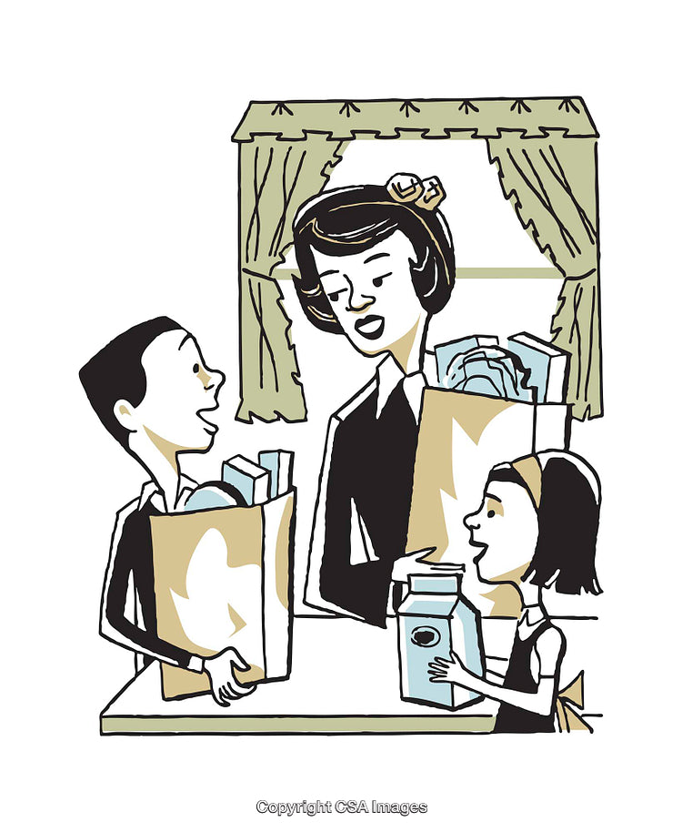 Family Unpacking Groceries Together in a Vintage Style Illustration