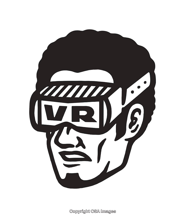 Black and White Illustration of a Person Wearing VR Goggles