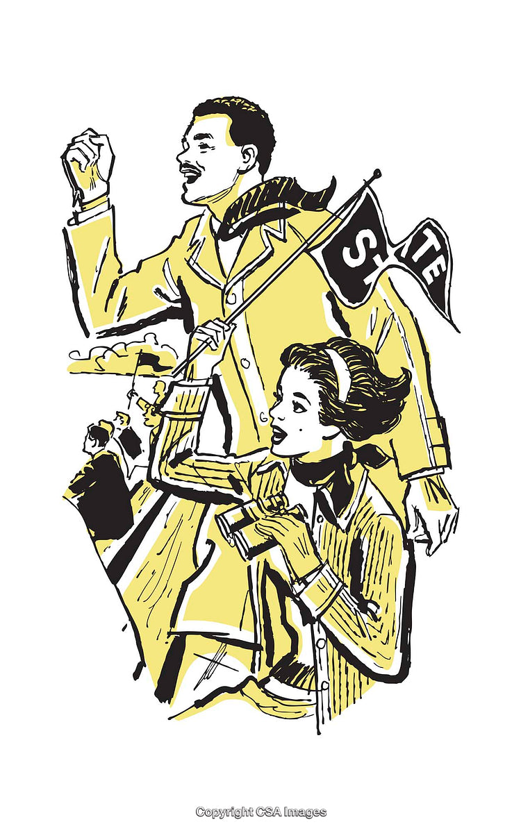 Retro Illustration of Protestors with State Flag in Bold Colors