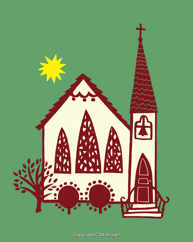 Hand-Drawn Vintage Church Illustration with Green Background and Sun Design