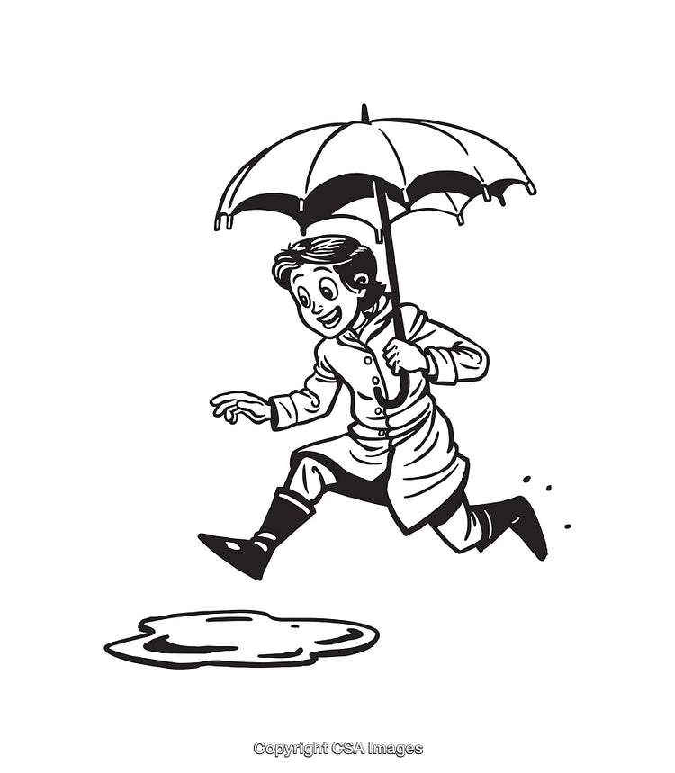 Black and White Illustration of a Character Jumping Over a Puddle