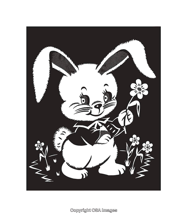 Adorable Black and White Bunny Illustration with Flower
