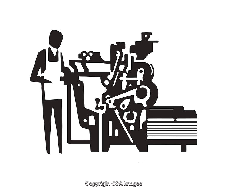 Illustration of Man Operating Printing Press in Black and White Line Art Style