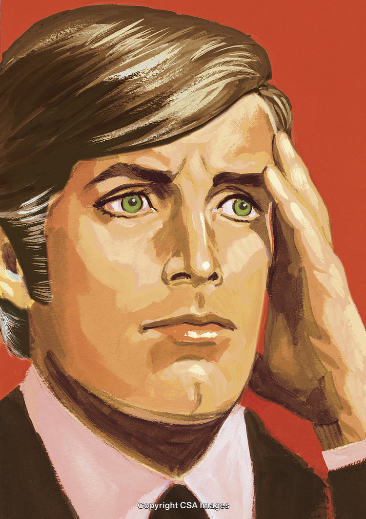 Retro Style Illustration of A Worried Businessman Against A Red Background