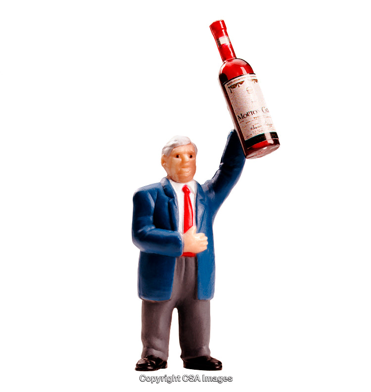 Miniature Figure Holding a Beverage Bottle in a Celebratory Gesture