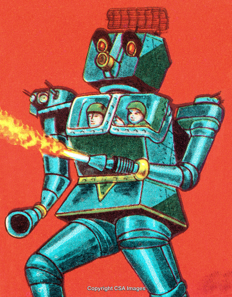 Retro Futuristic Robot in Action with Soldiers Inside on a Vibrant Background