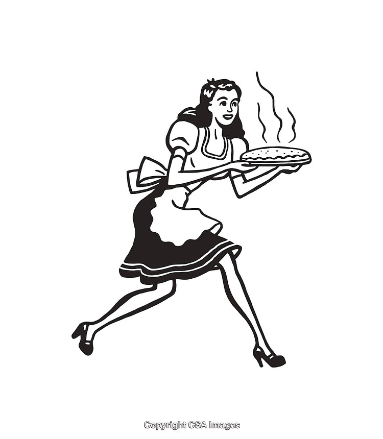 Black and White Line Art of a Woman Joyfully Carrying Freshly Baked Pie