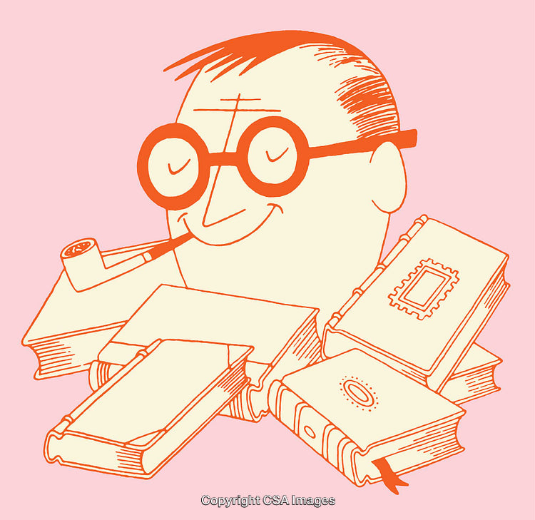 Quirky Line Art of Book Lover with Pipe and Stack of Books