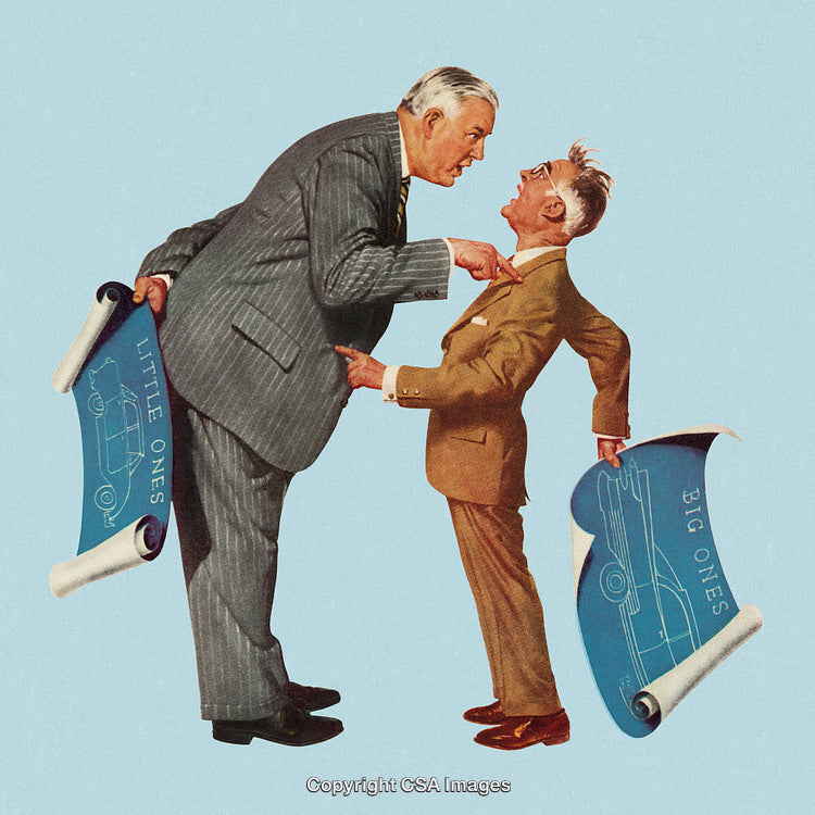 Two Businessmen Argue While Holding Blueprints in a Retro Illustration Style