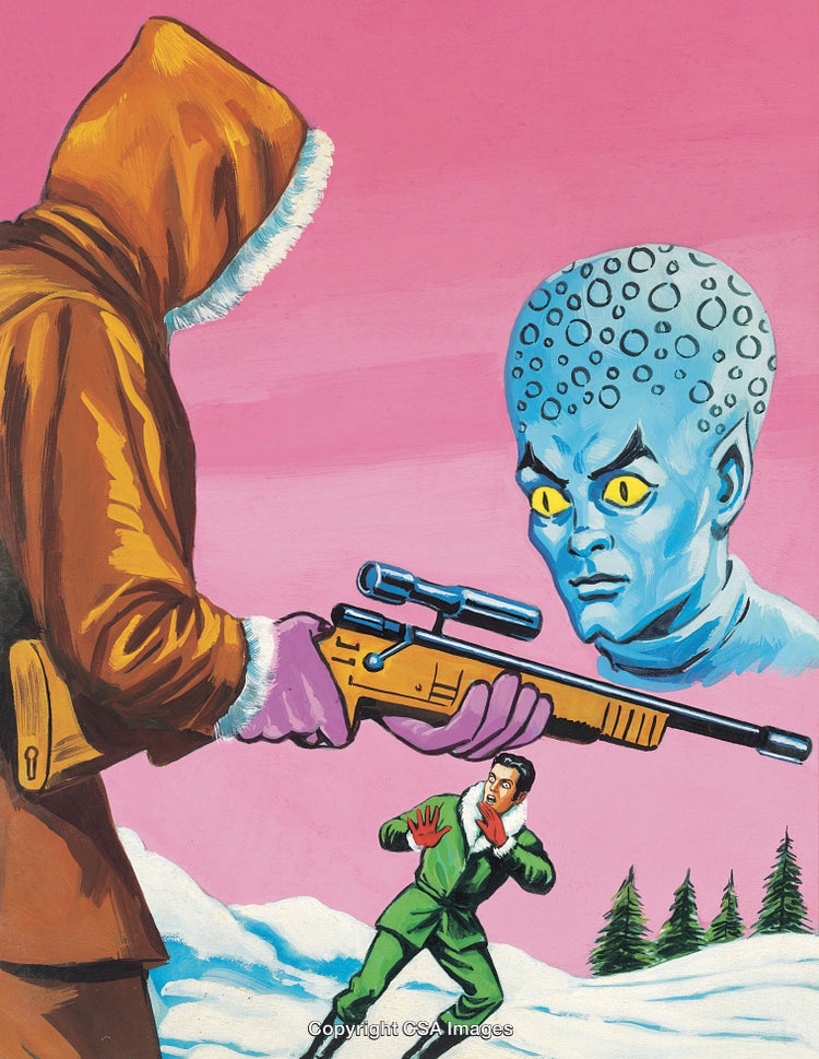 Surreal Sci-Fi Scene Featuring Alien Encounter and Illustrated Characters