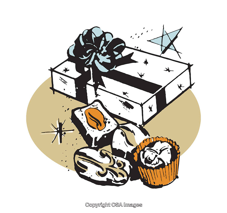 Festive Illustration of Gift Box and Delicate Pastries with Decorative Motifs