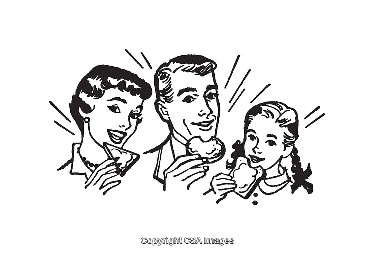 Retro Family Enjoying Snacks in a Classic Black and White Illustration
