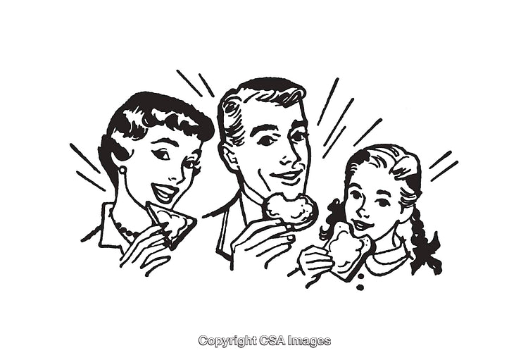 Retro Family Enjoying Snacks in a Classic Black and White Illustration