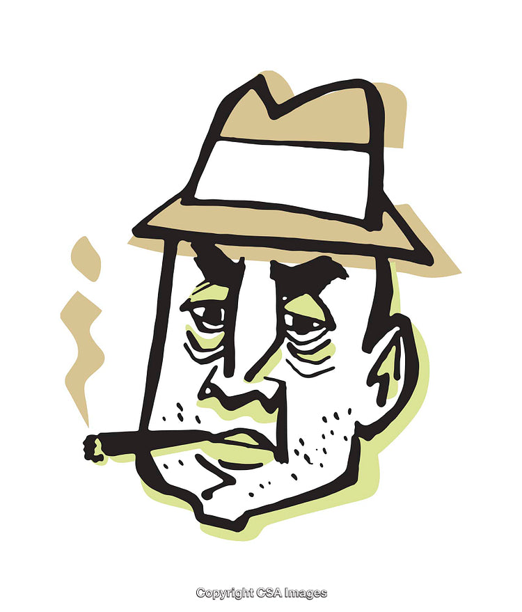 Expressive Cartoon Illustration of a Smoking Man in a Fedora Hat