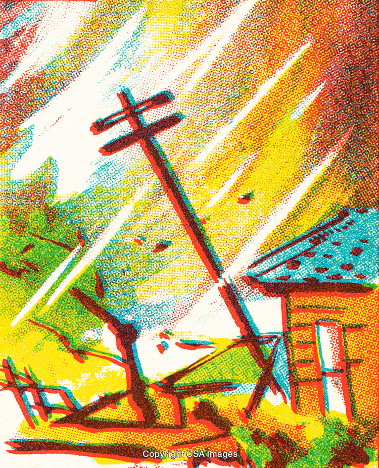 Vivid Artistic Depiction of a Storm Damaging a Roof and Powerlines
